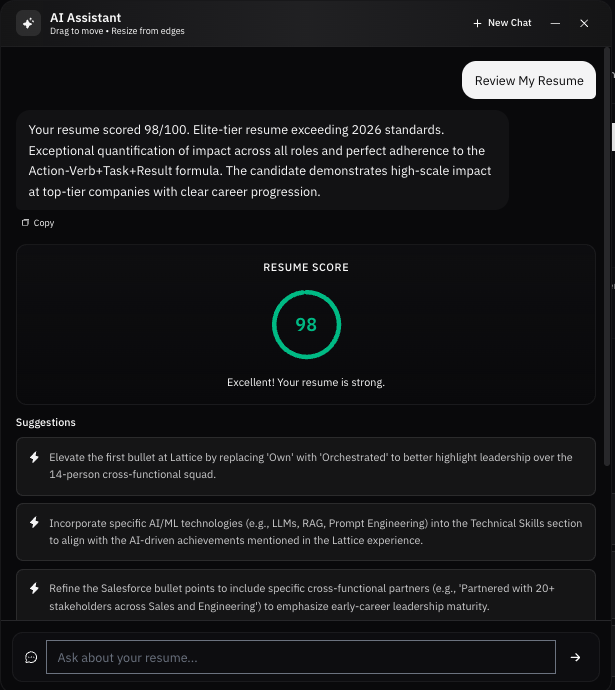 AI Career Assistant showing a 98/100 resume review score with actionable improvement suggestions