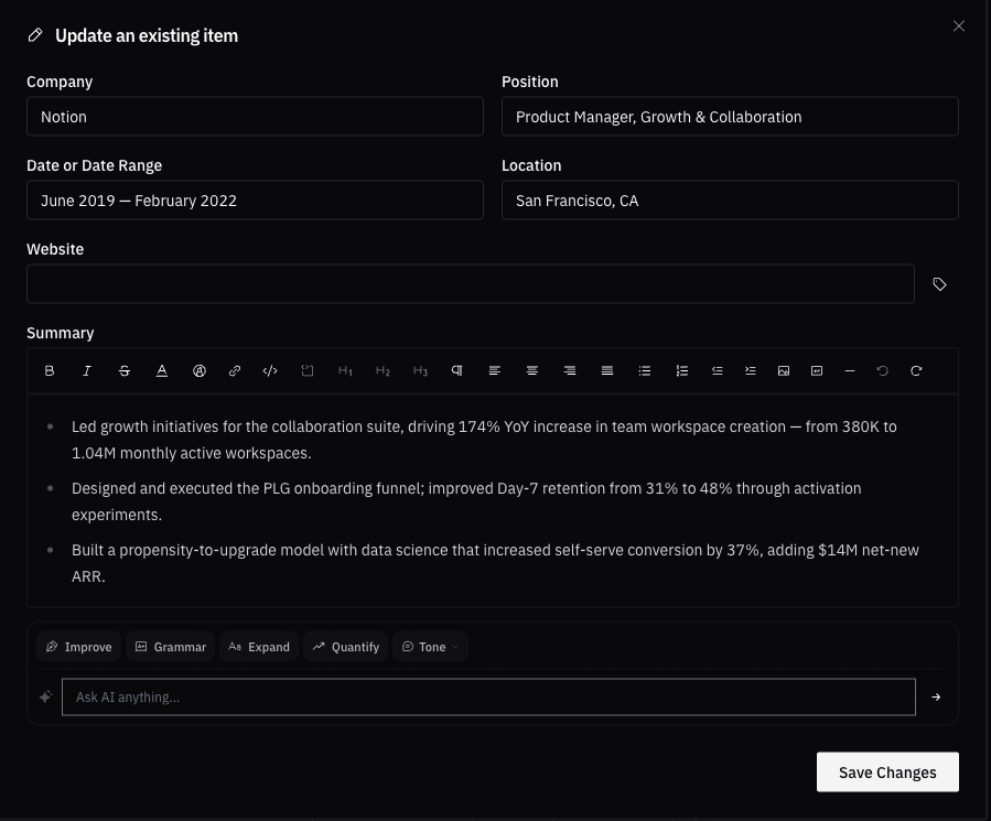 Resume bullet points after AI improvement — quantified, action verbs, metrics