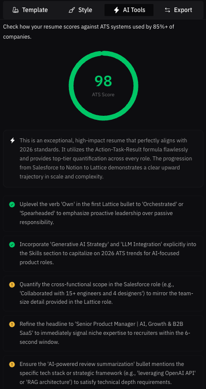 ATS Score Checker showing a 98/100 score with actionable keyword and formatting suggestions