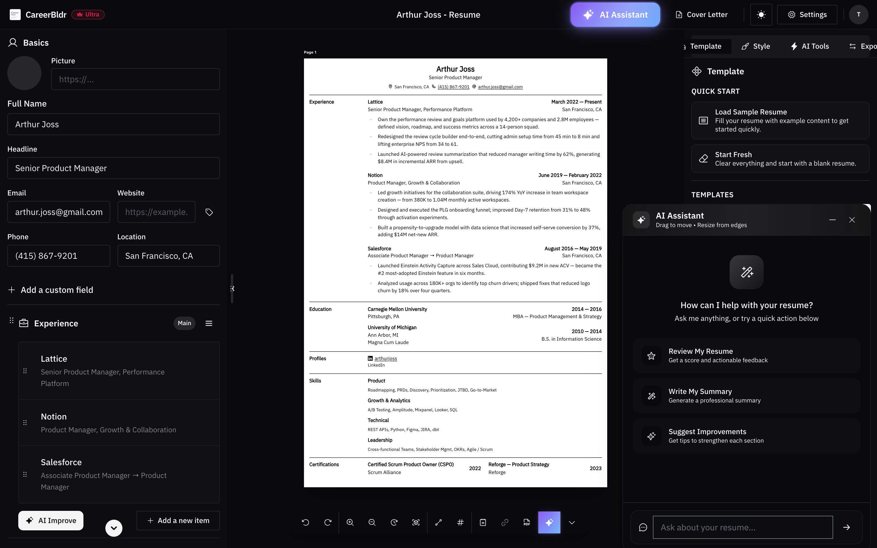 CareerBldr AI Resume Builder for building ATS-optimized resumes with AI