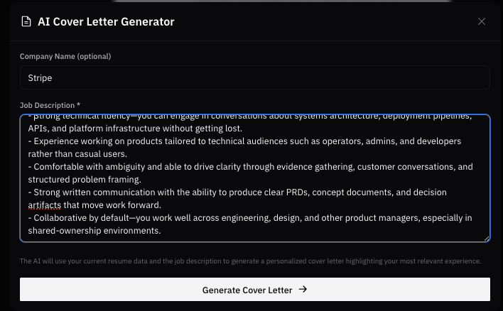 AI Cover Letter Generator input — paste a job description and company name