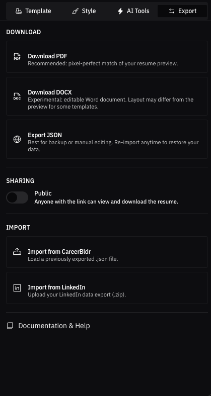 Export resume as PDF or DOCX with sharing and import options