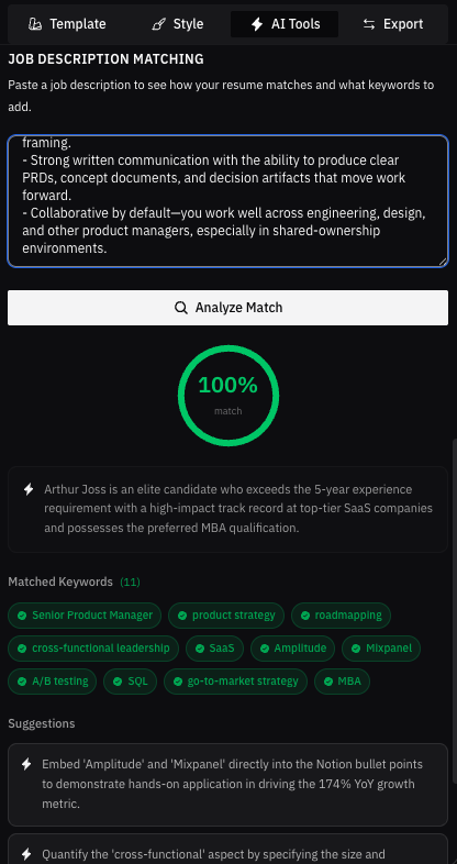 Job Description Matching showing 100% keyword match with 11 matched keywords and tailoring suggestions
